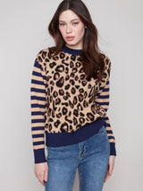 Charlie B Leopard Jacquard with Stripe Sleeve Crew Neck Sweater | Leopard