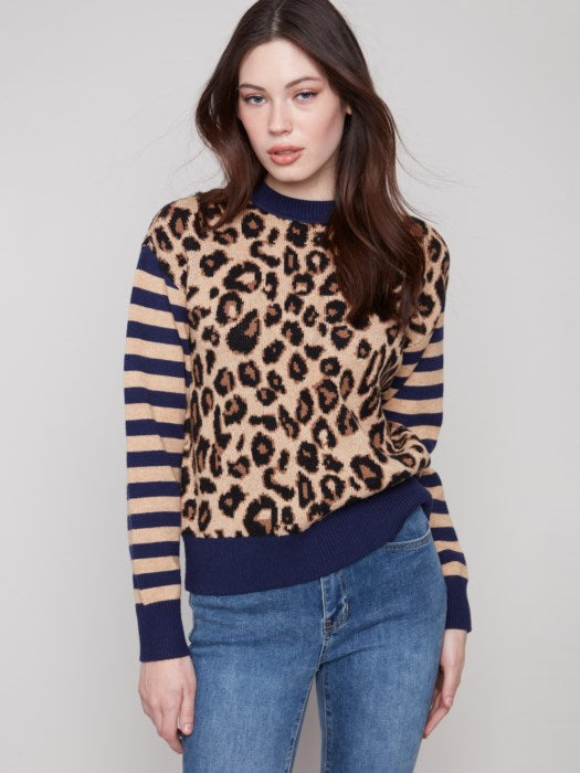 Charlie B Leopard Jacquard with Stripe Sleeve Crew Neck Sweater | Leopard