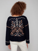 Charlie B Notched Neck Rib Embroidered Sweater | Navy