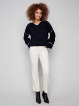 Charlie B Notched Neck Rib Embroidered Sweater | Navy