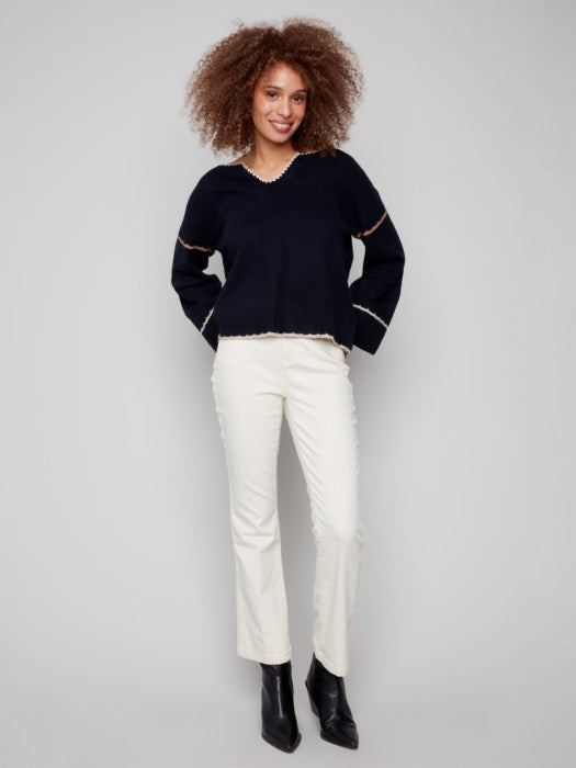 Charlie B Notched Neck Rib Embroidered Sweater | Navy