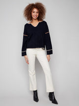 Charlie B Notched Neck Rib Embroidered Sweater | Navy
