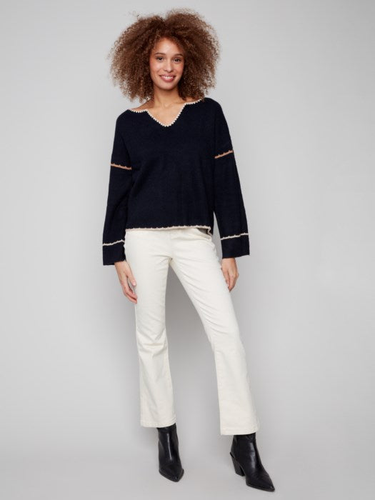 Charlie B Notched Neck Rib Embroidered Sweater | Navy