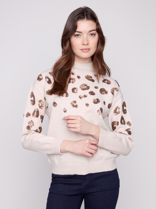 Charlie B Mock Neck Sweater with Animal Sequins Detail |Oat