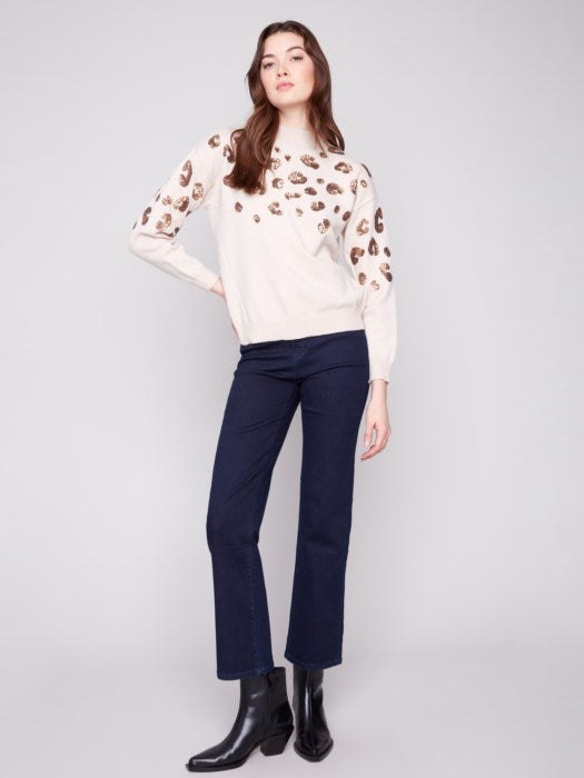 Charlie B Mock Neck Sweater with Animal Sequins Detail |Oat