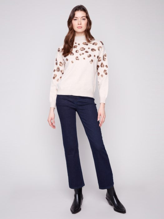 Charlie B Mock Neck Sweater with Animal Sequins Detail |Oat