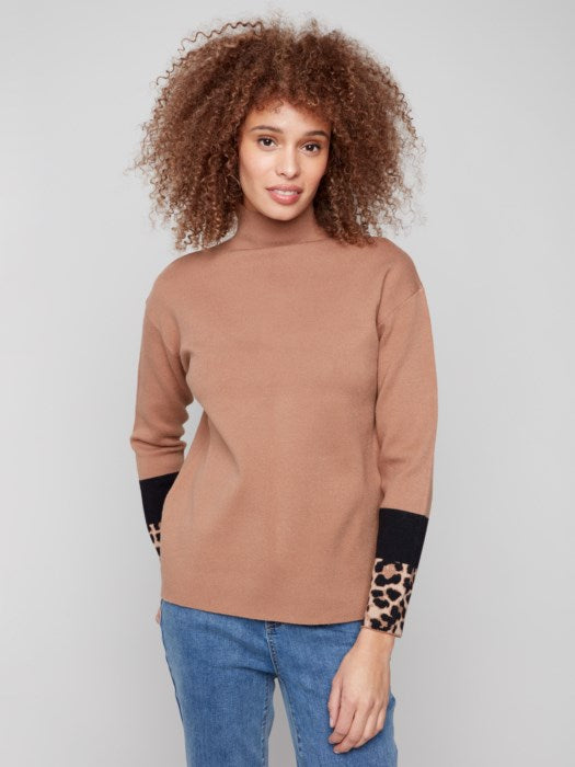 Charlie B Funnel Sweater with Color Block Detail | Truffle