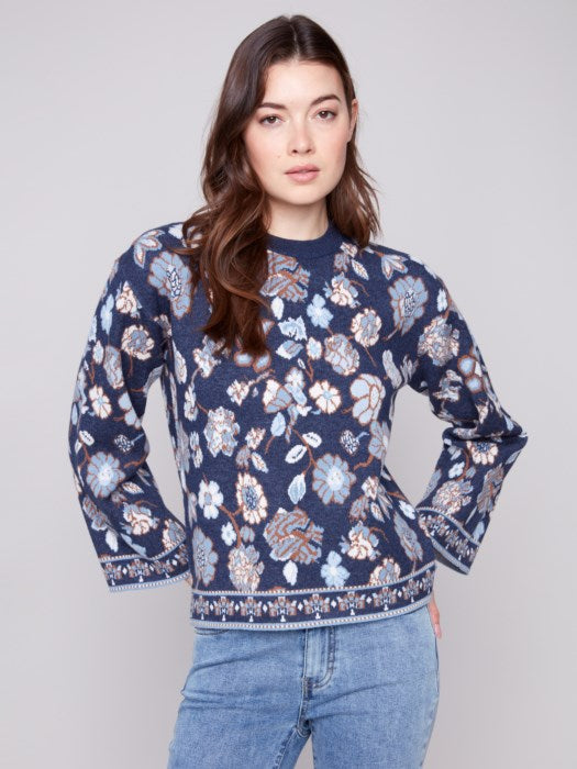 Charlie B Long Sleeve Crew Neck Jacquard Sweater | Floral