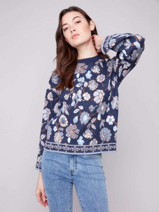Charlie B Long Sleeve Crew Neck Jacquard Sweater | Floral