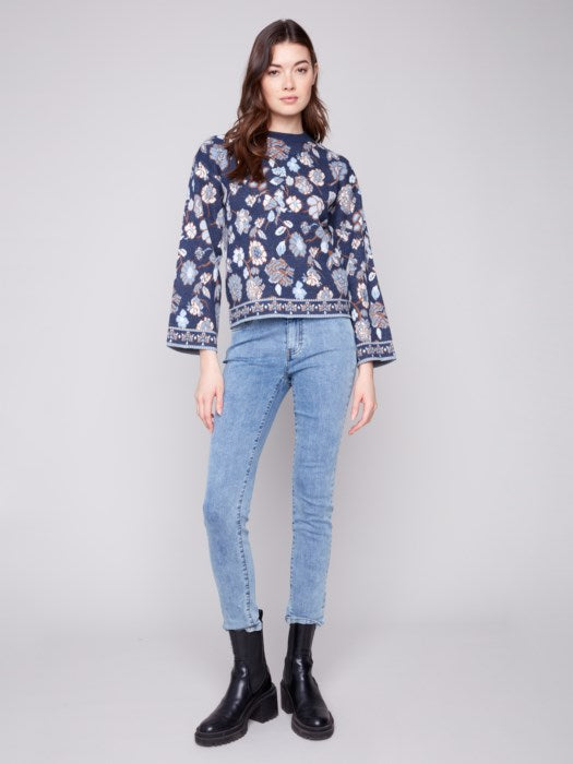 Charlie B Long Sleeve Crew Neck Jacquard Sweater | Floral