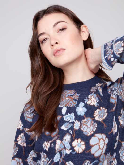 Charlie B Long Sleeve Crew Neck Jacquard Sweater | Floral