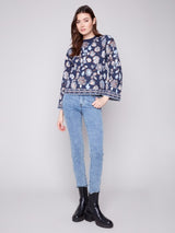 Charlie B Long Sleeve Crew Neck Jacquard Sweater | Floral