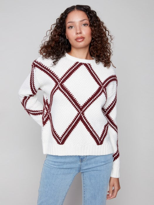 Charlie B Crew Neck Diamond Intarsia Drop Shoulder Sweater | Cabernet