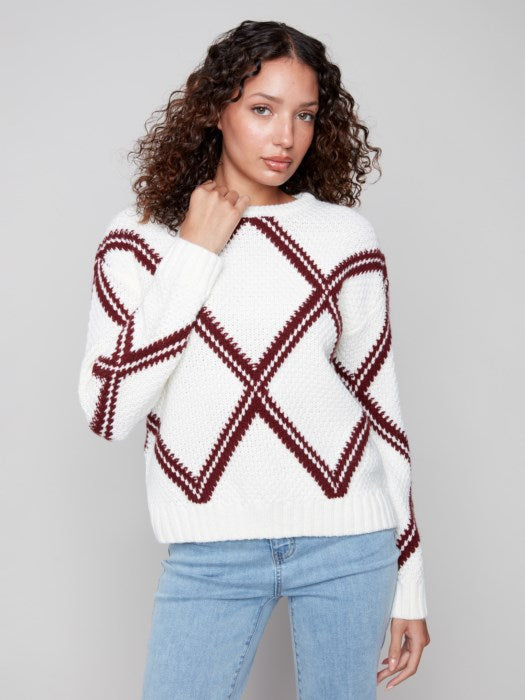 Charlie B Crew Neck Diamond Intarsia Drop Shoulder Sweater | Cabernet