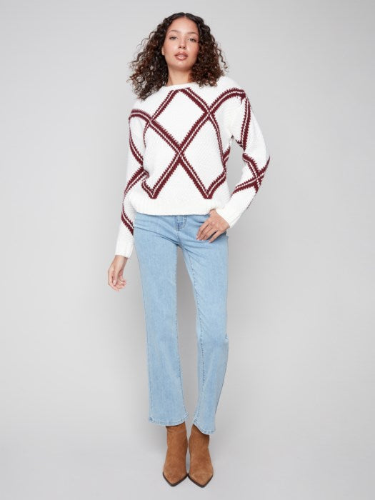 Charlie B Crew Neck Diamond Intarsia Drop Shoulder Sweater | Cabernet