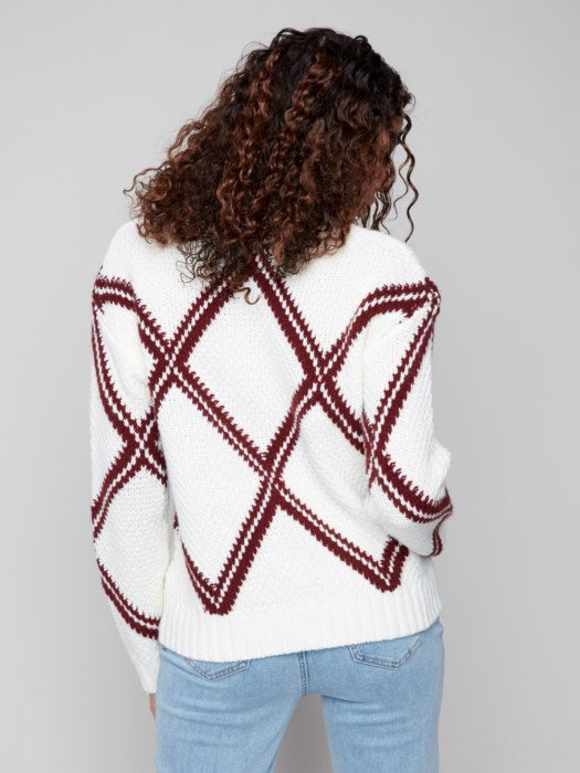 Charlie B Crew Neck Diamond Intarsia Drop Shoulder Sweater | Cabernet