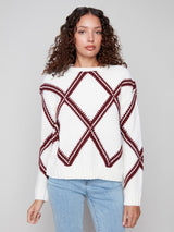 Charlie B Crew Neck Diamond Intarsia Drop Shoulder Sweater | Cabernet