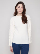 Charlie B Ribbed Crew Neck Sweater with Buttons at Sleeve | Ecru
