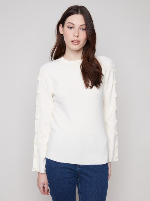 Charlie B Ribbed Crew Neck Sweater with Buttons at Sleeve | Ecru