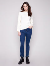 Charlie B Ribbed Crew Neck Sweater with Buttons at Sleeve | Ecru