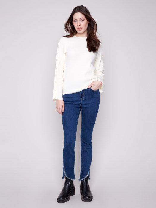 Charlie B Ribbed Crew Neck Sweater with Buttons at Sleeve | Ecru