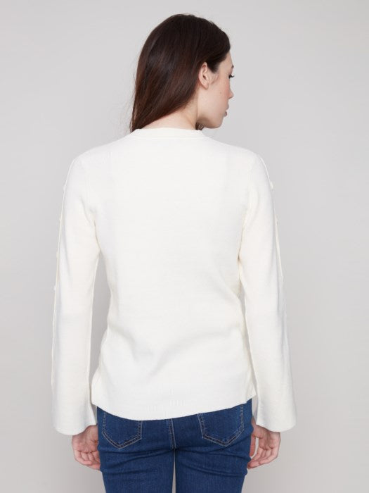 Charlie B Ribbed Crew Neck Sweater with Buttons at Sleeve | Ecru