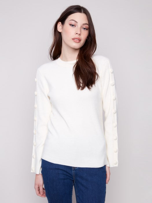 Charlie B Ribbed Crew Neck Sweater with Buttons at Sleeve | Ecru