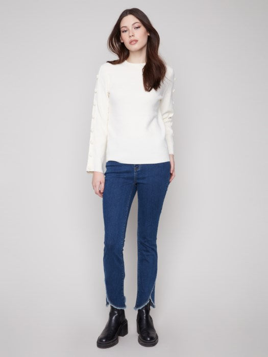 Charlie B Ribbed Crew Neck Sweater with Buttons at Sleeve | Ecru