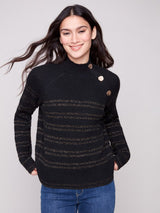 Charlie B Striped Mock Neck Raglan Sleeves Sweater with Buttons | Black