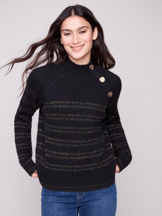 Charlie B Striped Mock Neck Raglan Sleeves Sweater with Buttons | Black