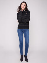 Charlie B Striped Mock Neck Raglan Sleeves Sweater with Buttons | Black