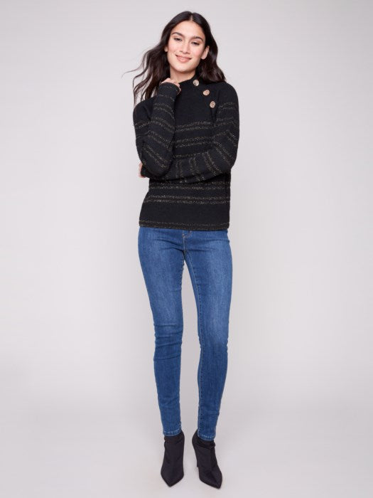 Charlie B Striped Mock Neck Raglan Sleeves Sweater with Buttons | Black
