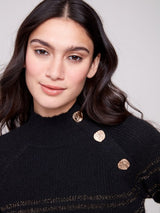 Charlie B Striped Mock Neck Raglan Sleeves Sweater with Buttons | Black
