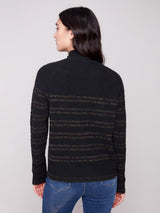 Charlie B Striped Mock Neck Raglan Sleeves Sweater with Buttons | Black
