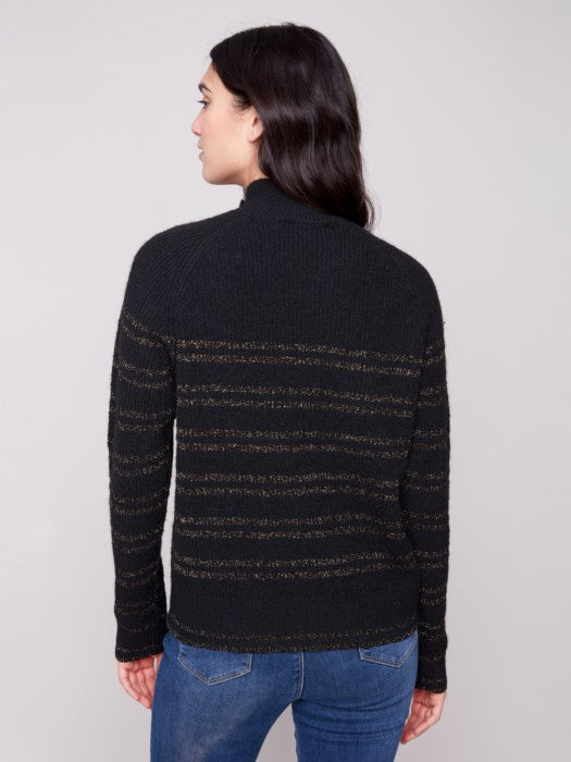 Charlie B Striped Mock Neck Raglan Sleeves Sweater with Buttons | Black