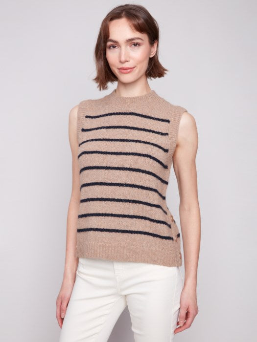 Charlie B Sleeveless V Neck Striped Sweater | Camel