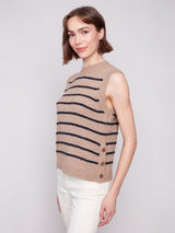 Charlie B Sleeveless V Neck Striped Sweater | Camel