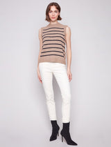 Charlie B Sleeveless V Neck Striped Sweater | Camel