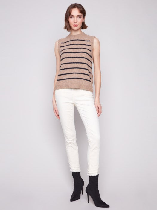 Charlie B Sleeveless V Neck Striped Sweater | Camel