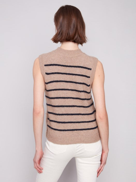 Charlie B Sleeveless V Neck Striped Sweater | Camel