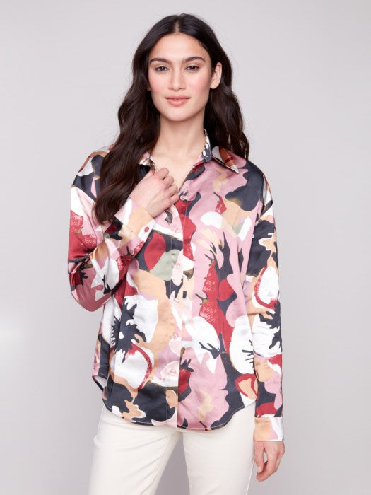 Charlie B Printed Satin Button Down Shirt | Flowery