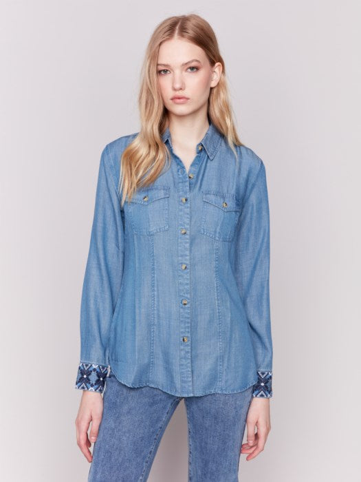 Charlie B Embroidered Cuff Tencel Shirt-Denim