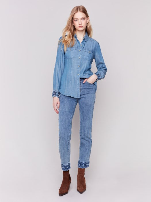 Charlie B Embroidered Cuff Tencel Shirt-Denim