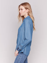 Charlie B Embroidered Cuff Tencel Shirt-Denim