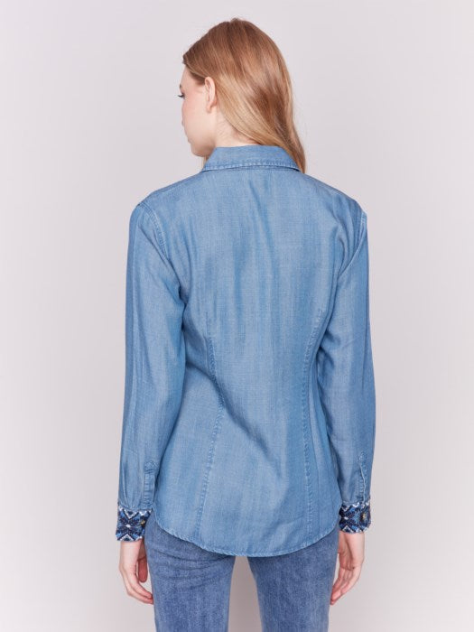 Charlie B Embroidered Cuff Tencel Shirt-Denim