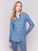 Charlie B Embroidered Cuff Tencel Shirt-Denim