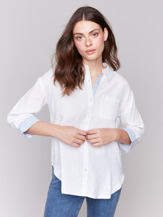 Charlie B Linen Blend Drop Shoulder Shirt with Striped Cuffs | White