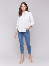 Charlie B Linen Blend Drop Shoulder Shirt with Striped Cuffs | White