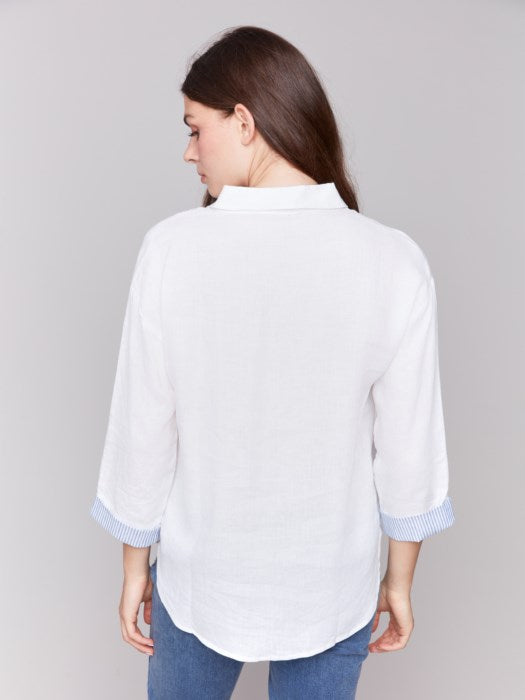 Charlie B Linen Blend Drop Shoulder Shirt with Striped Cuffs | White