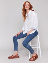 Charlie B Linen Blend Drop Shoulder Shirt with Striped Cuffs | White